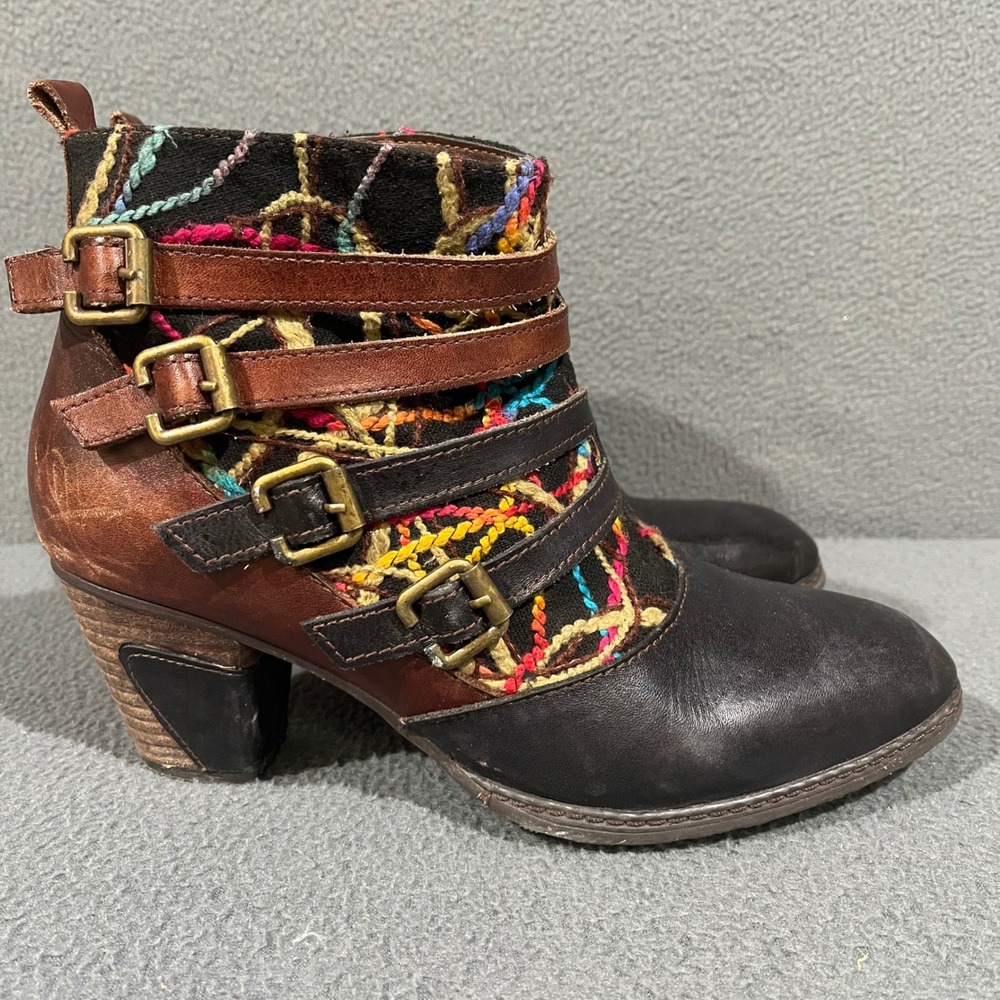 Spring Step LArtiste Q-Redding Ankle Boots Womens 9 Black Brown Embroidered Boho